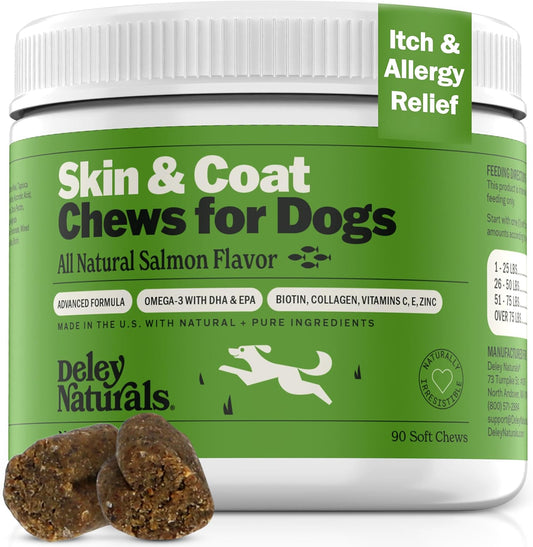 Omega 3 Fish Oil Dog Allergy Chews with DHA & EPA, Biotin, Collagen, Vitamins C, E, & Zinc - Salmon Flavor for Shiny Coat & Itching Relief - Dry Skin Relief for Dogs by Deley Naturals