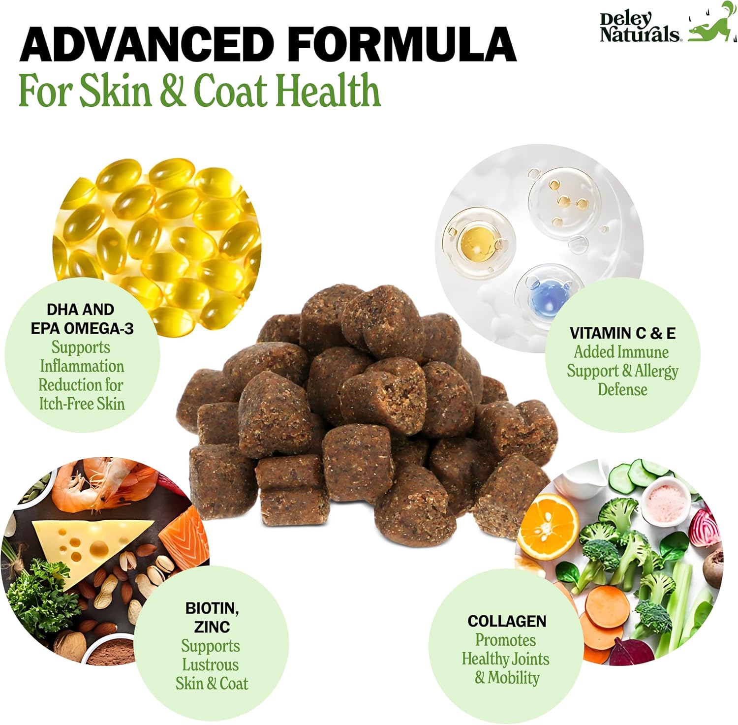 Omega 3 Fish Oil Dog Allergy Chews with DHA & EPA, Biotin, Collagen, Vitamins C, E, & Zinc - Salmon Flavor for Shiny Coat & Itching Relief - Dry Skin Relief for Dogs by Deley Naturals