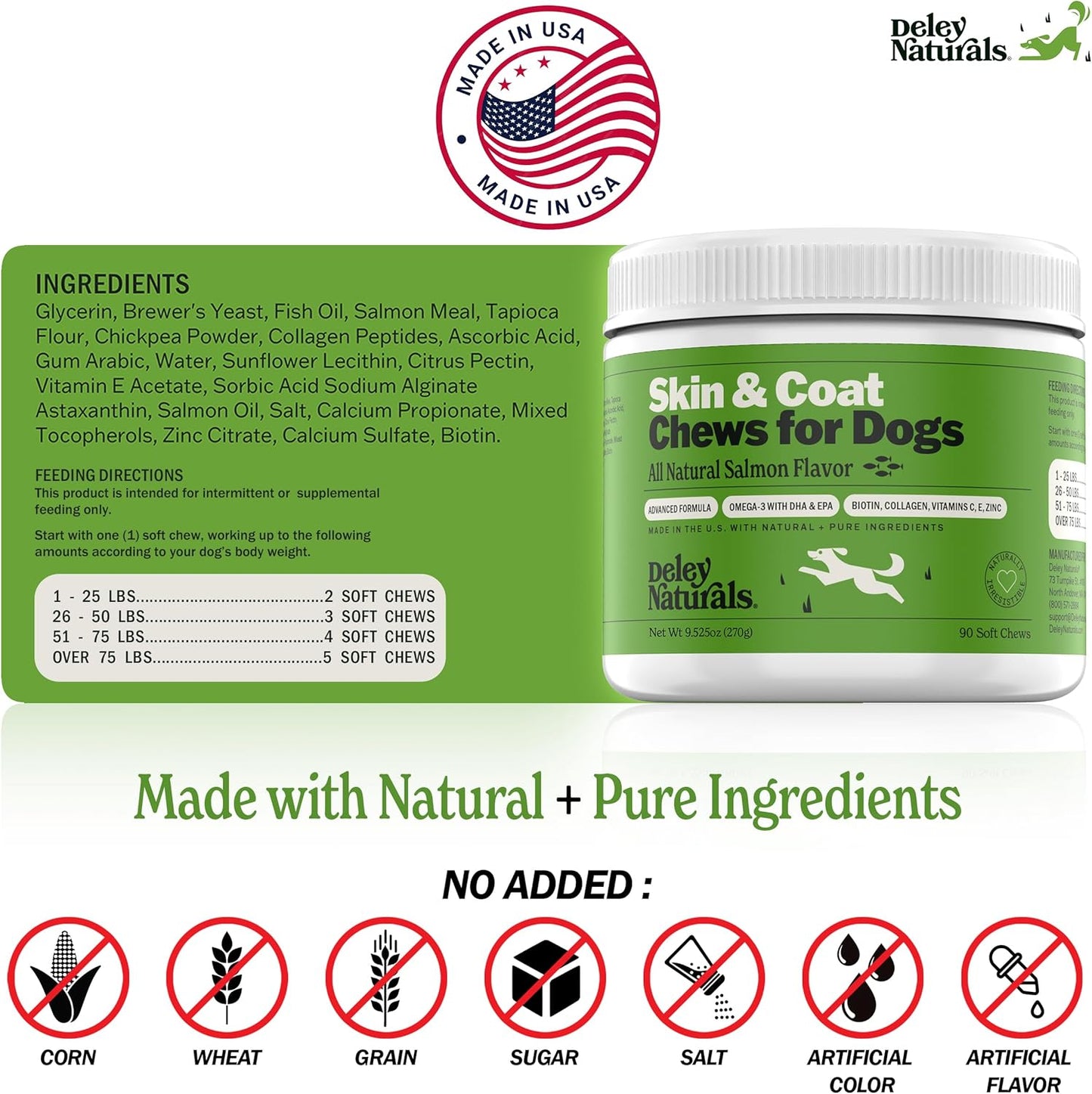 Omega 3 Fish Oil Dog Allergy Chews with DHA & EPA, Biotin, Collagen, Vitamins C, E, & Zinc - Salmon Flavor for Shiny Coat & Itching Relief - Dry Skin Relief for Dogs by Deley Naturals