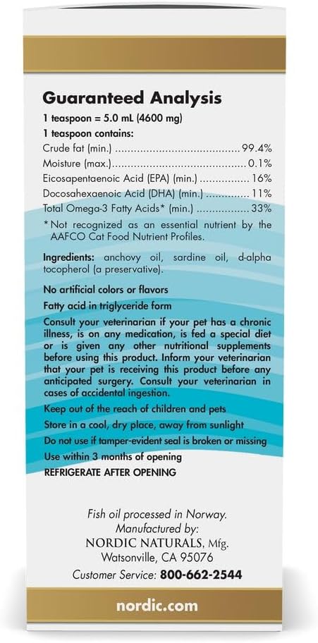 Omega-3 Fish Oil for Cats - Nordic Naturals - 2 oz - Unflavored - EPA & DHA - Promotes Heart, Skin, Coat, Joint, & Immune Health - Non-GMO - 304 mg Omega-3 Per mL
