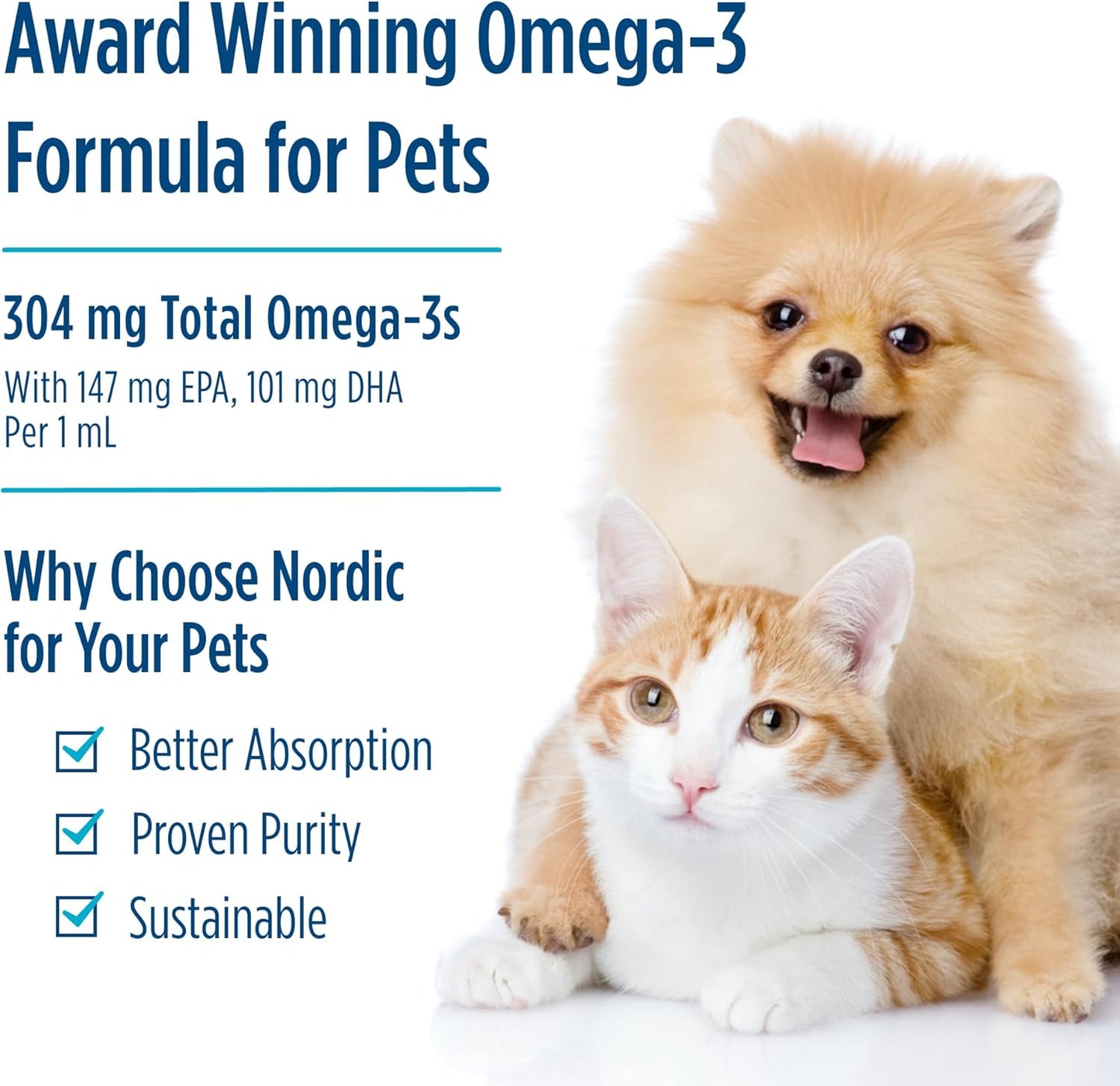 Omega-3 Fish Oil for Small Dogs & Cats - Nordic Naturals Unflavored Pet Supplement - 2 oz - 304 mg Per mL - EPA & DHA for Heart, Skin, Coat, & Immune Health