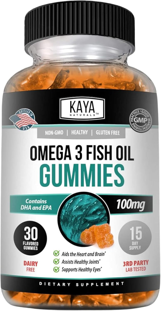 Omega 3 Fish Oil Gummies with EPA & DHA - Brain, Eye, Joint, Heart, Immune Support - Non-GMO - 30 Count