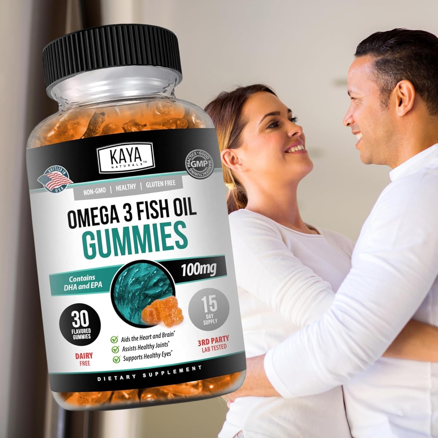 Omega 3 Fish Oil Gummies with EPA & DHA - Brain, Eye, Joint, Heart, Immune Support - Non-GMO - 30 Count