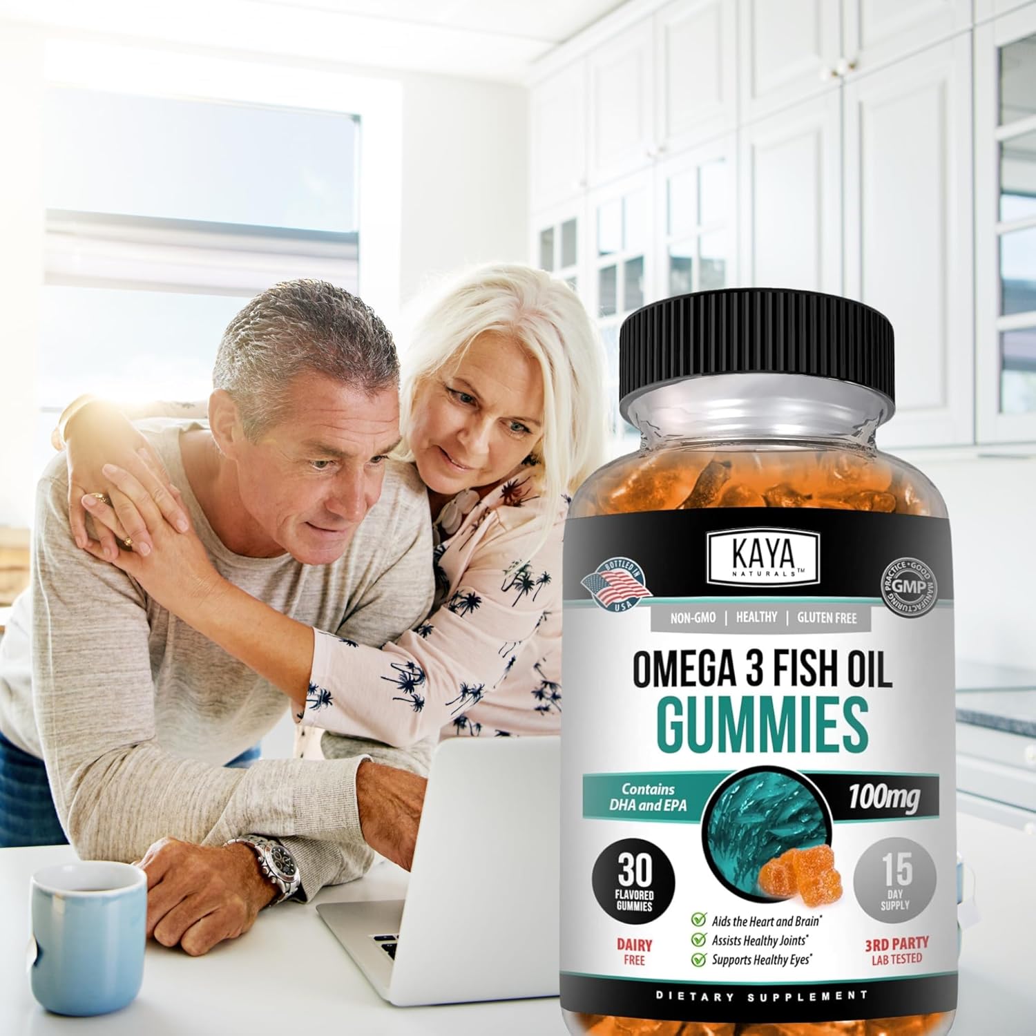 Omega 3 Fish Oil Gummies with EPA & DHA - Brain, Eye, Joint, Heart, Immune Support - Non-GMO - 30 Count