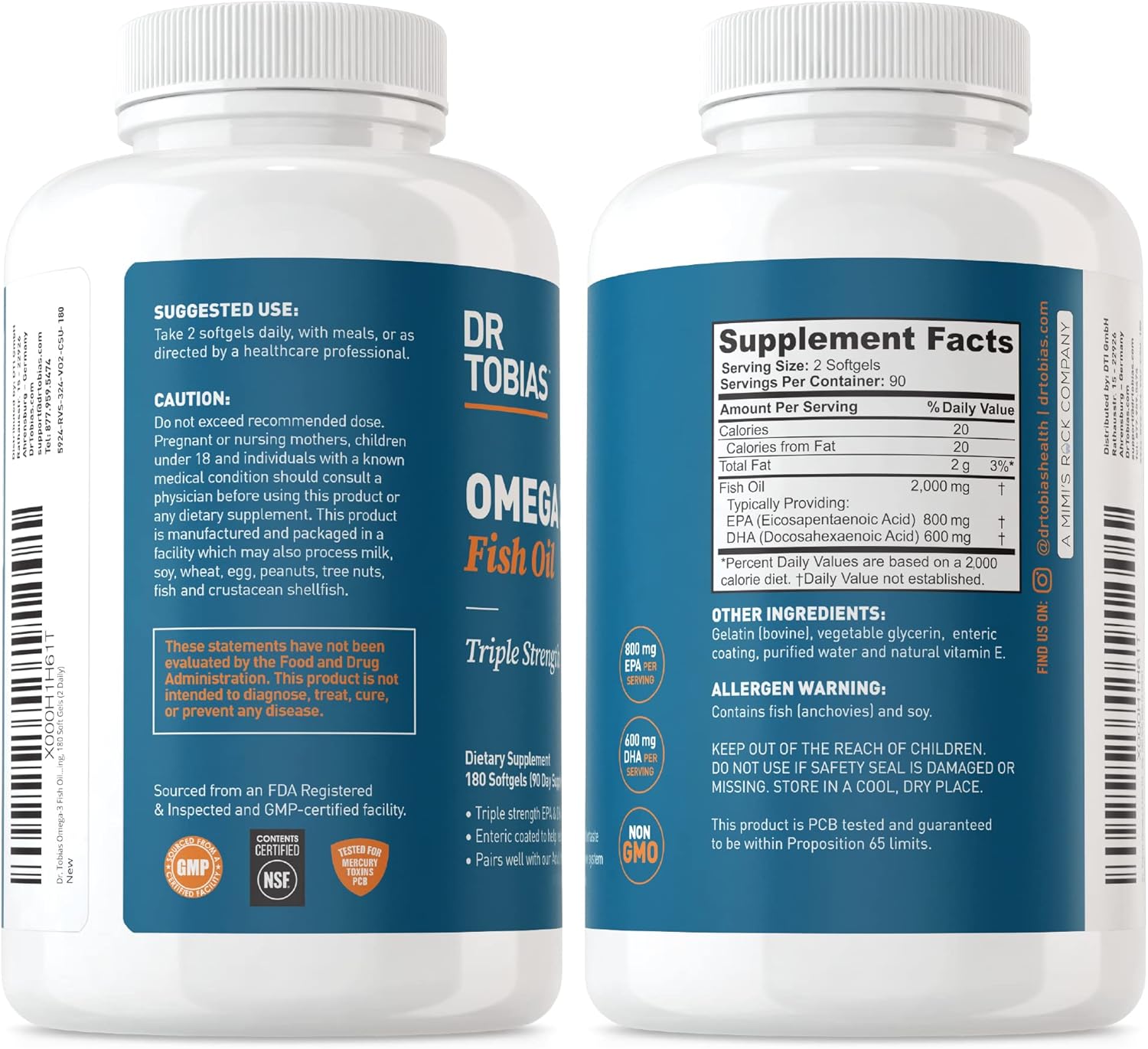 Omega 3 Fish Oil & Joint Support Supplement by Dr. Tobias - Promotes Heart, Brain, and Immune Health, Non-GMO Formula for Joint Comfort