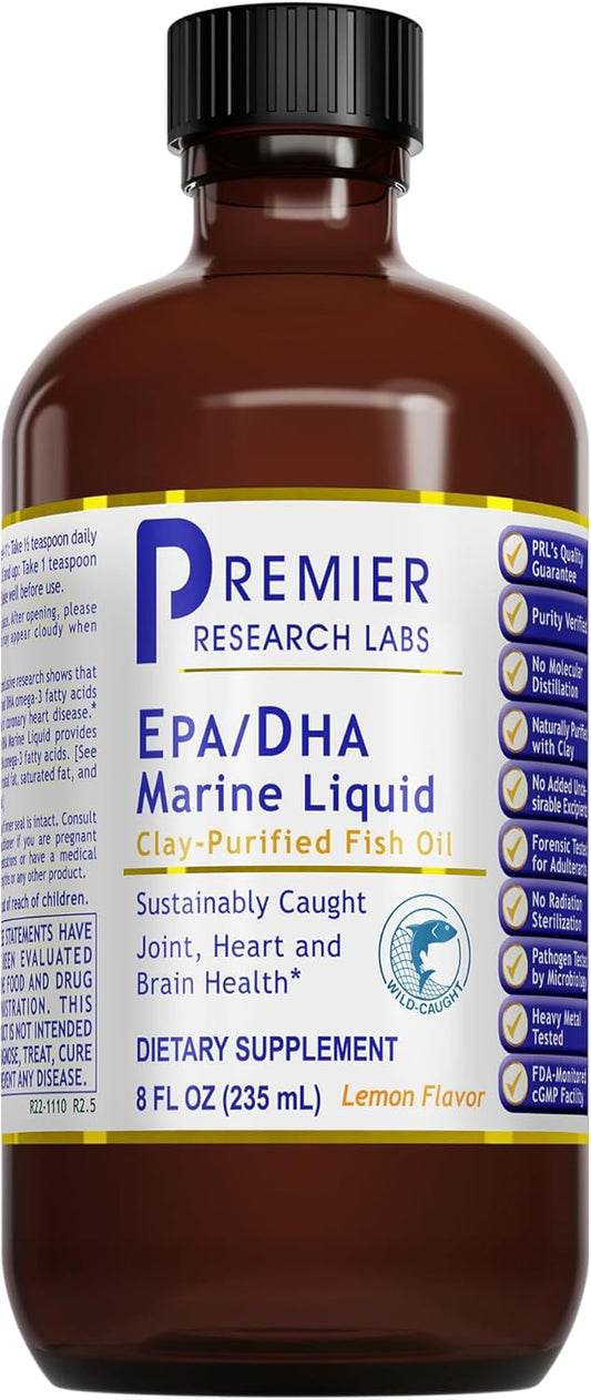 Omega 3 Fish Oil Liquid Supplement for Adults - Premier Research Labs EPA/DHA Marine Liquid - Supports Joint, Heart, & Brain Health - 8 Fl Oz Bottle