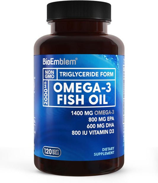 Omega-3 Fish Oil Softgels - 2000mg, High Absorption, Sustainable Source - 1400mg EPA & DHA with Vitamin D3 - Heart, Joint, & Brain Health - Non-GMO - 120 Ct