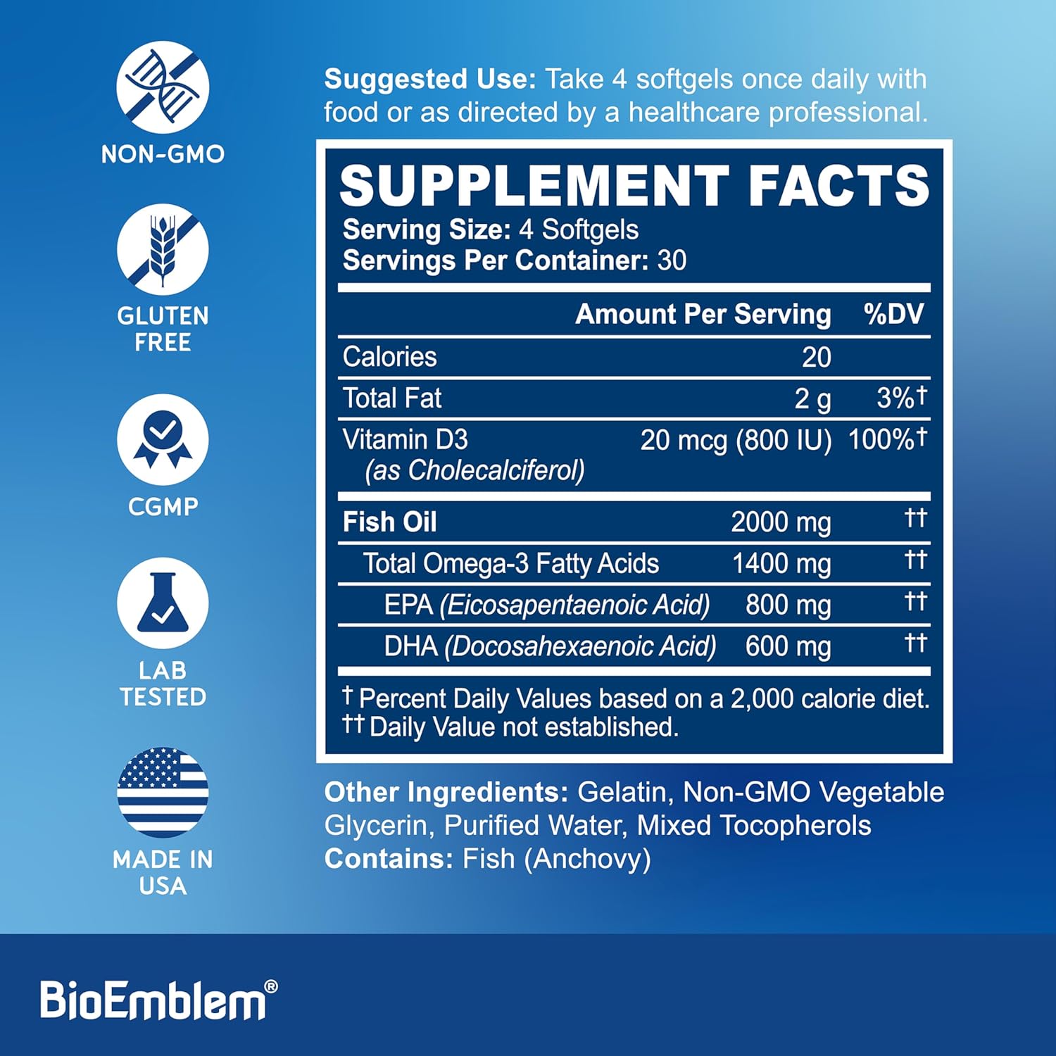 Omega-3 Fish Oil Softgels - 2000mg, High Absorption, Sustainable Source - 1400mg EPA & DHA with Vitamin D3 - Heart, Joint, & Brain Health - Non-GMO - 120 Ct