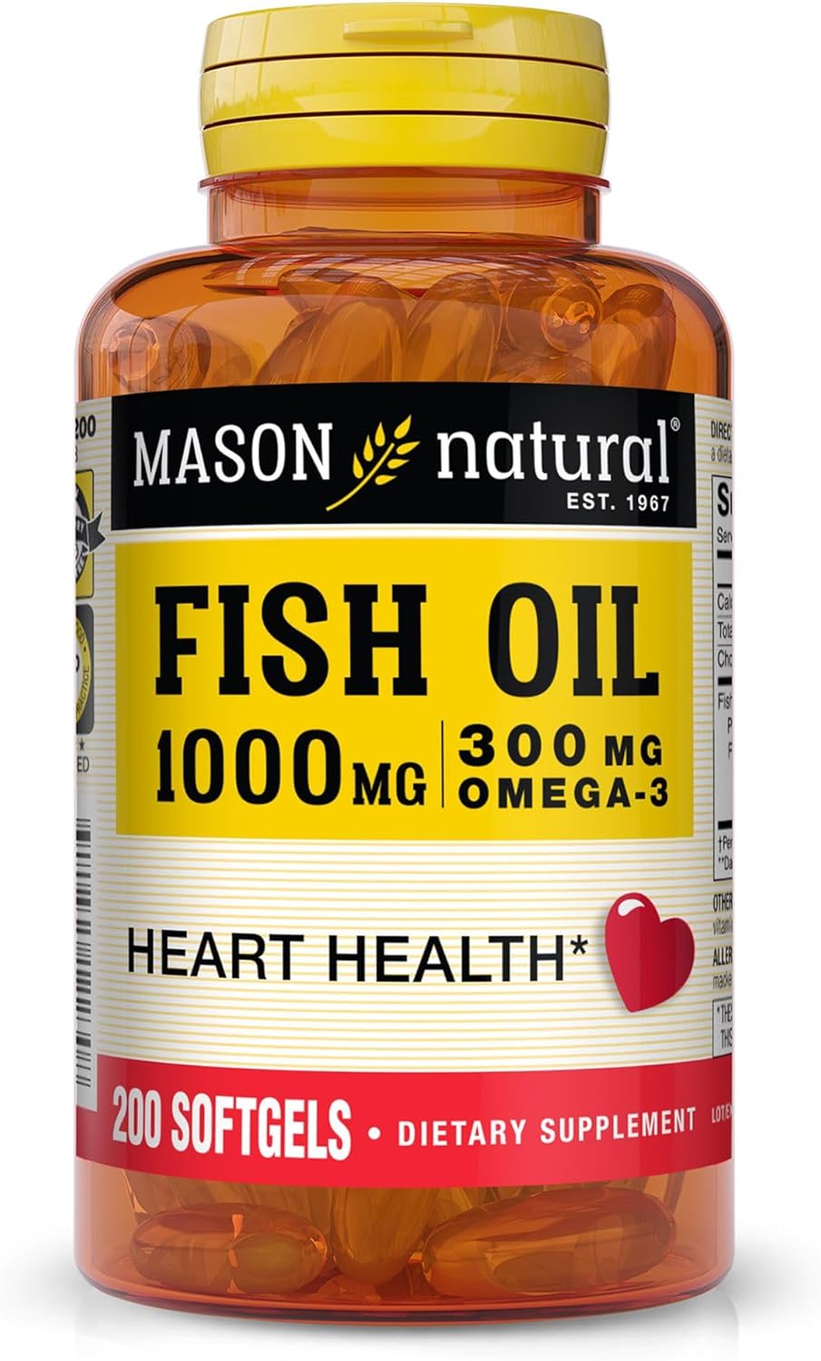 Omega 3 Fish Oil Softgels 1000mg, Bonus Size 200-Count Bottle - Supports Heart, Eye, Brain, and Joint Health