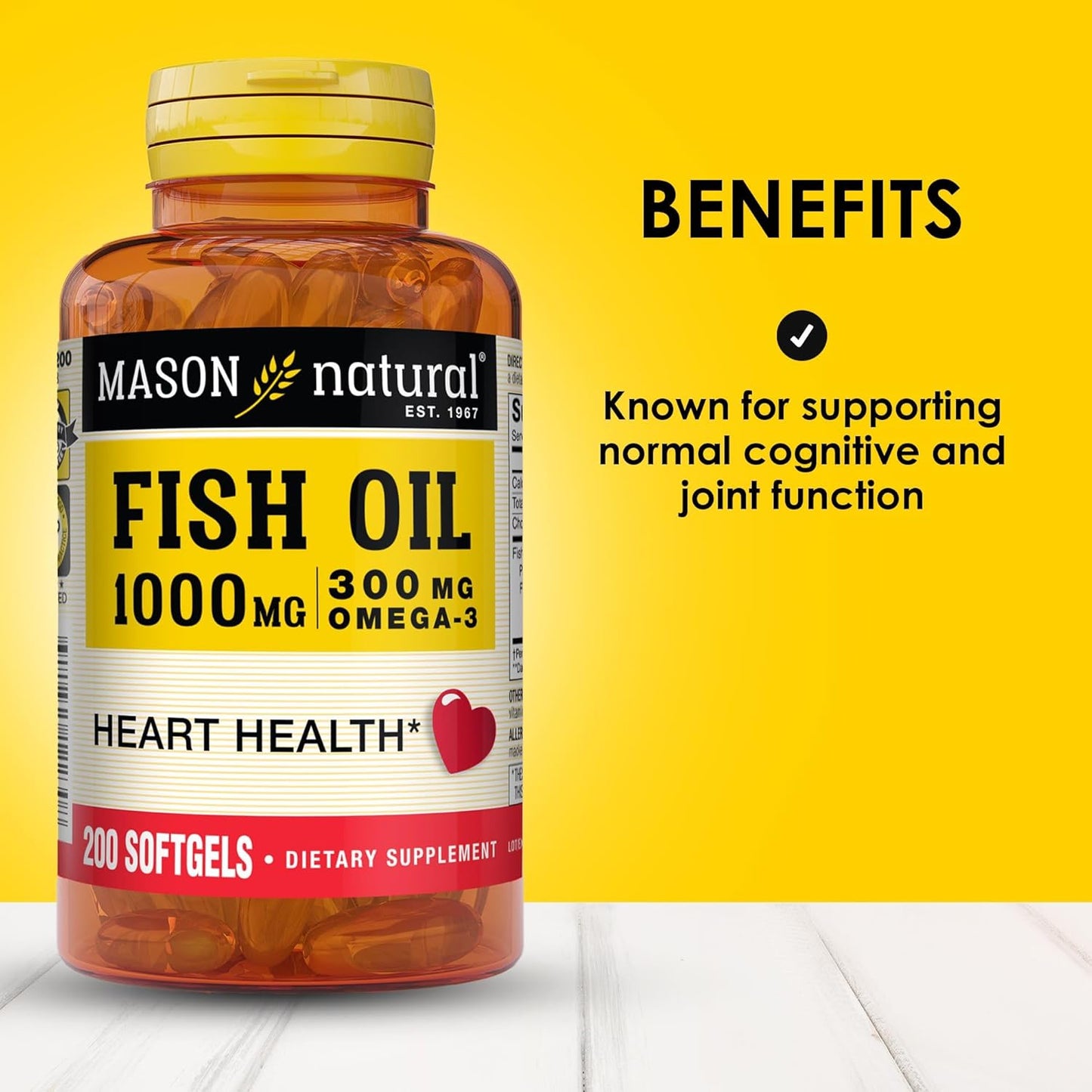 Omega 3 Fish Oil Softgels 1000mg, Bonus Size 200-Count Bottle - Supports Heart, Eye, Brain, and Joint Health
