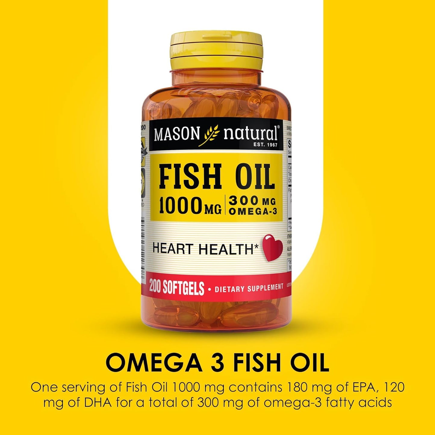 Omega 3 Fish Oil Softgels 1000mg, Bonus Size 200-Count Bottle - Supports Heart, Eye, Brain, and Joint Health