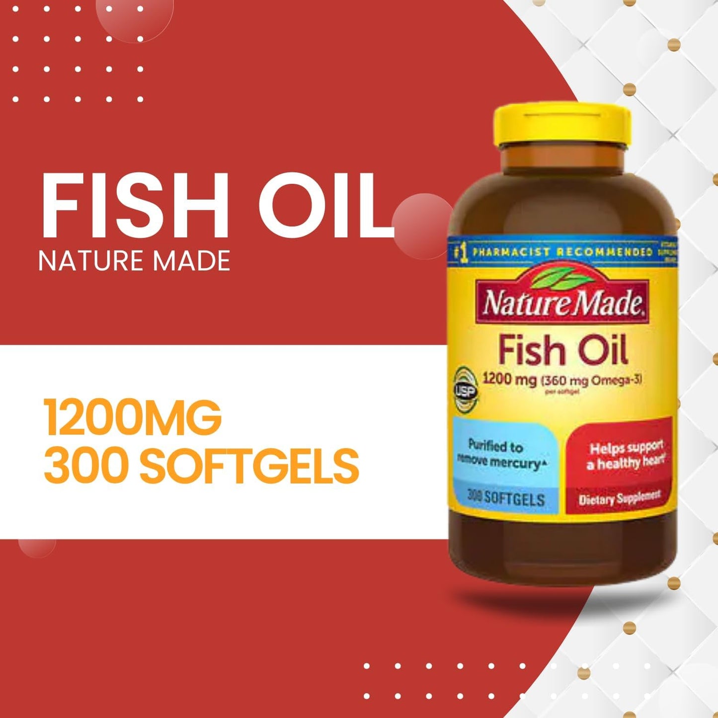 Omega 3 Fish Oil Softgels 1200mg for Heart Health Support - 300 Count