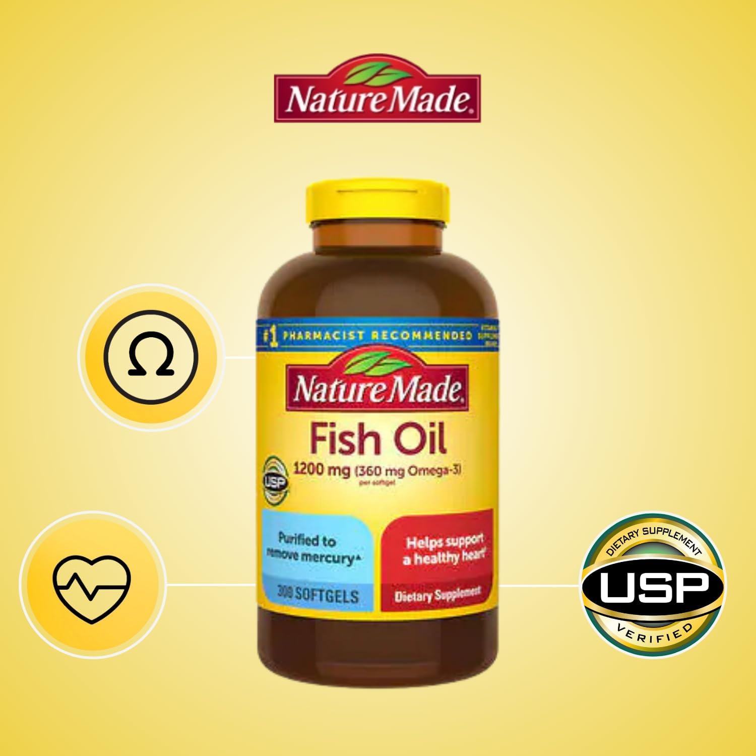 Omega 3 Fish Oil Softgels 1200mg for Heart Health Support - 300 Count