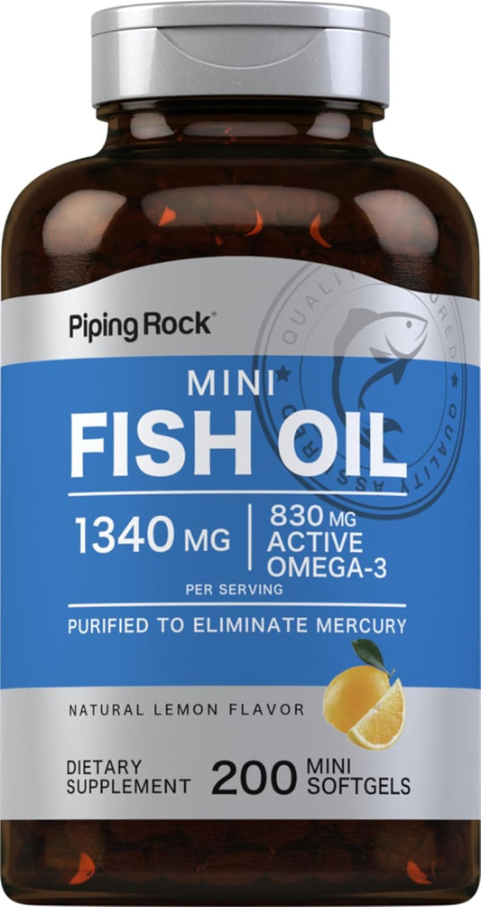 Omega-3 Fish Oil Softgels 1340mg | 200 Mini Lemon Flavored Pills | Non-GMO, Gluten Free Supplement
