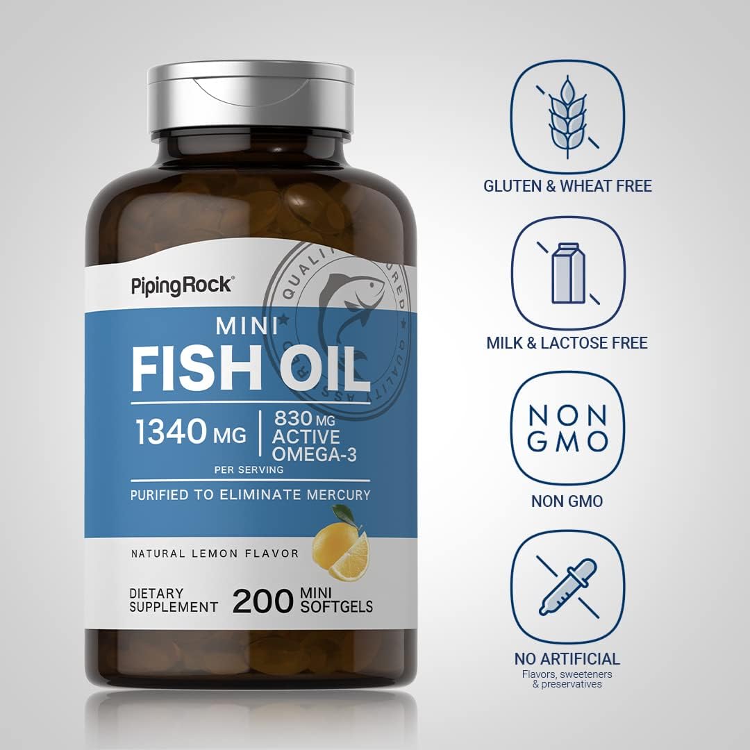 Omega-3 Fish Oil Softgels 1340mg | 200 Mini Lemon Flavored Pills | Non-GMO, Gluten Free Supplement