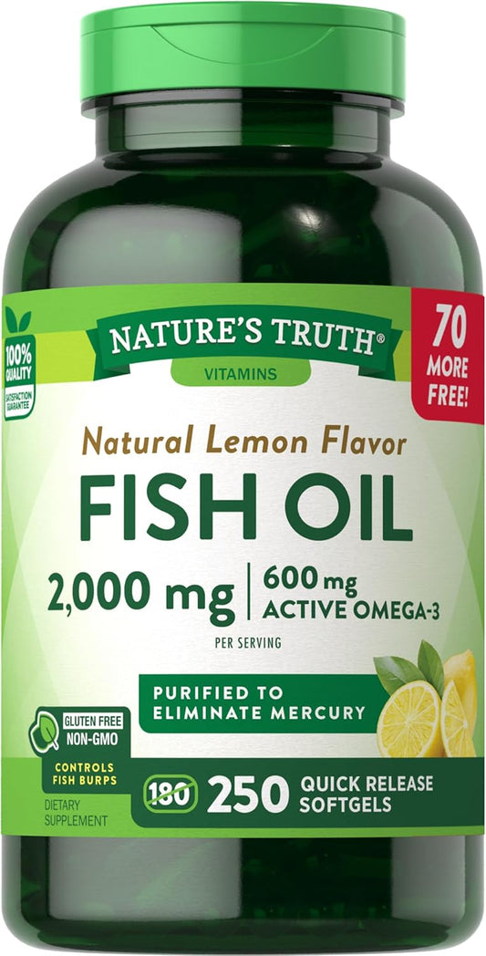 Omega 3 Fish Oil Softgels 2000 mg | Lemon Flavor | Non-GMO, Gluten Free | 250 Count