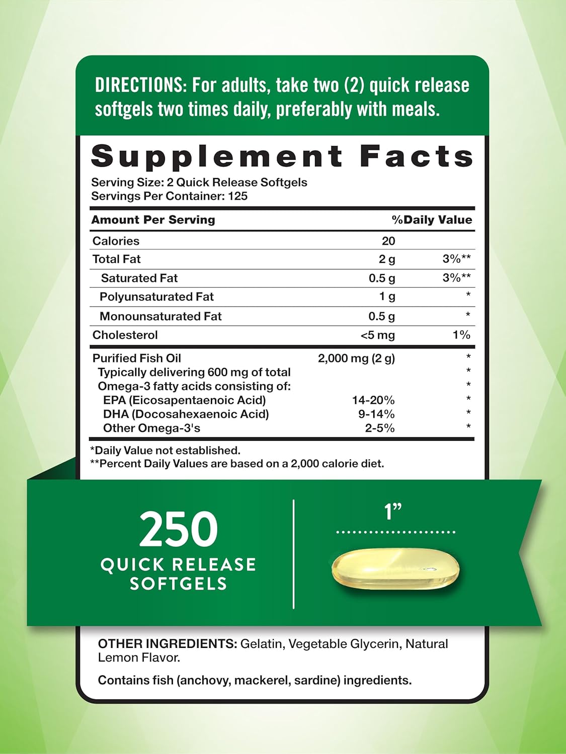 Omega 3 Fish Oil Softgels 2000 mg | Lemon Flavor | Non-GMO, Gluten Free | 250 Count