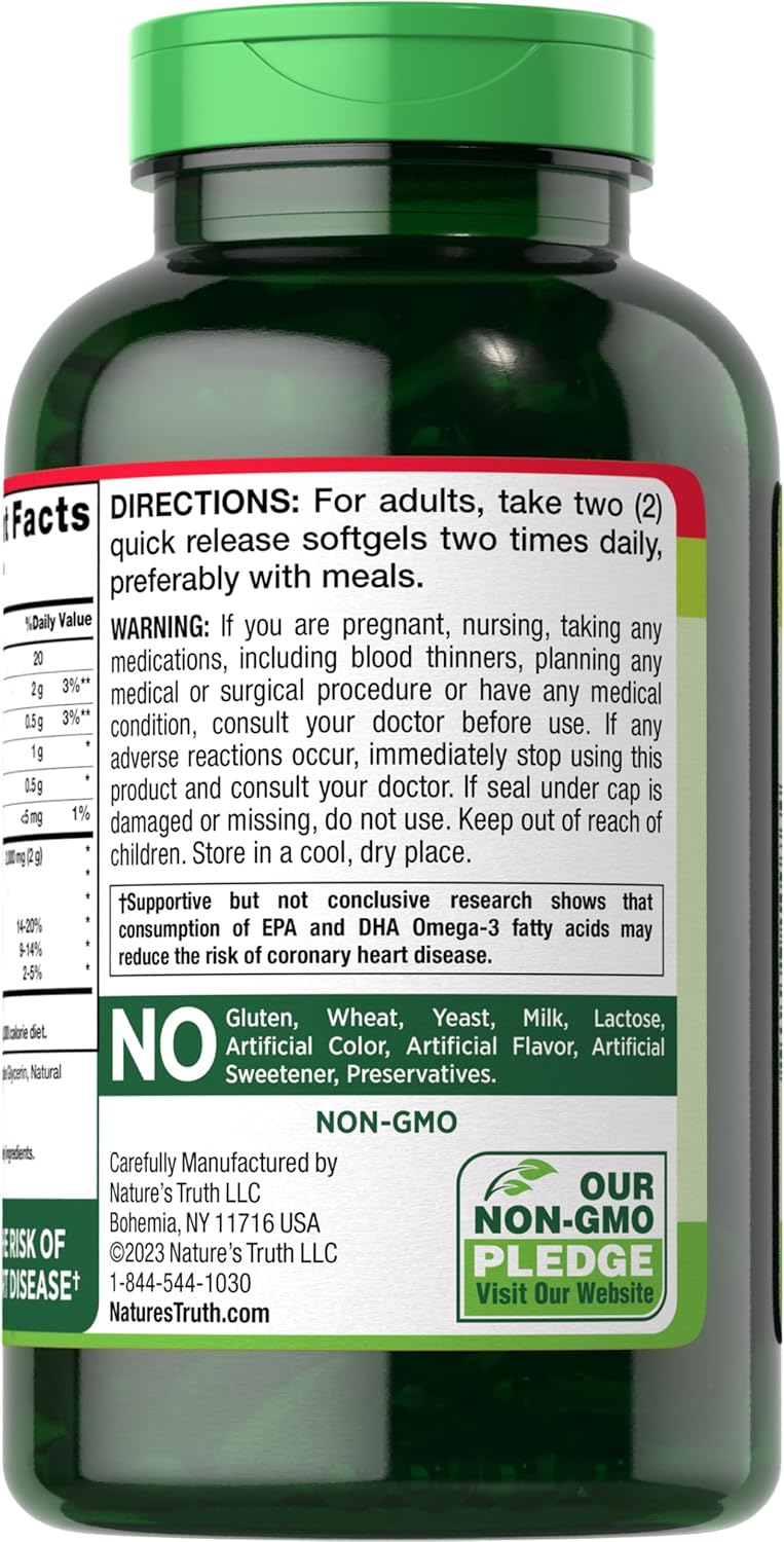 Omega 3 Fish Oil Softgels 2000 mg | Lemon Flavor | Non-GMO, Gluten Free | 250 Count