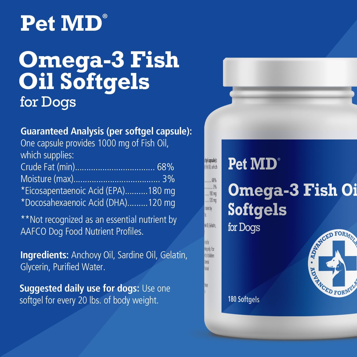 Omega 3 Fish Oil Softgels for Dogs - Skin and Coat Support - 180 Count