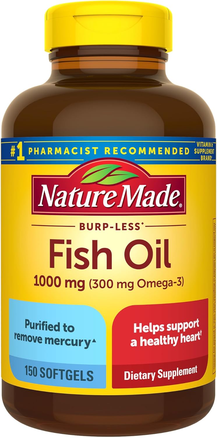 Omega 3 Fish Oil Softgels for Heart Health, 1000 mg, 150 Softgels, Burp Less Formula, 75 Day Supply