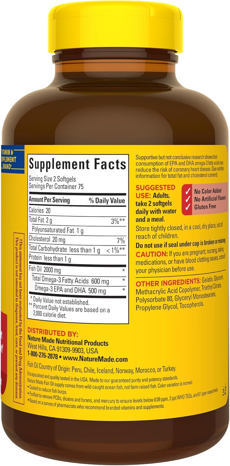 Omega 3 Fish Oil Softgels for Heart Health, 1000 mg, 150 Softgels, Burp Less Formula, 75 Day Supply