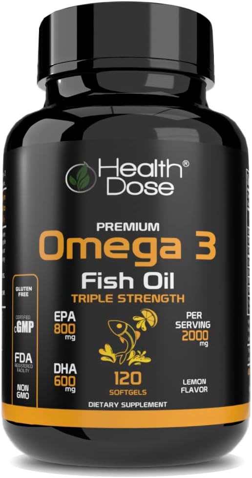 Omega 3 Fish Oil Softgels with EPA & DHA for Brain, Heart, and Wellness Support - Lemon Flavor, Easy-to-Digest - 120 Softgels, 2-Month Supply