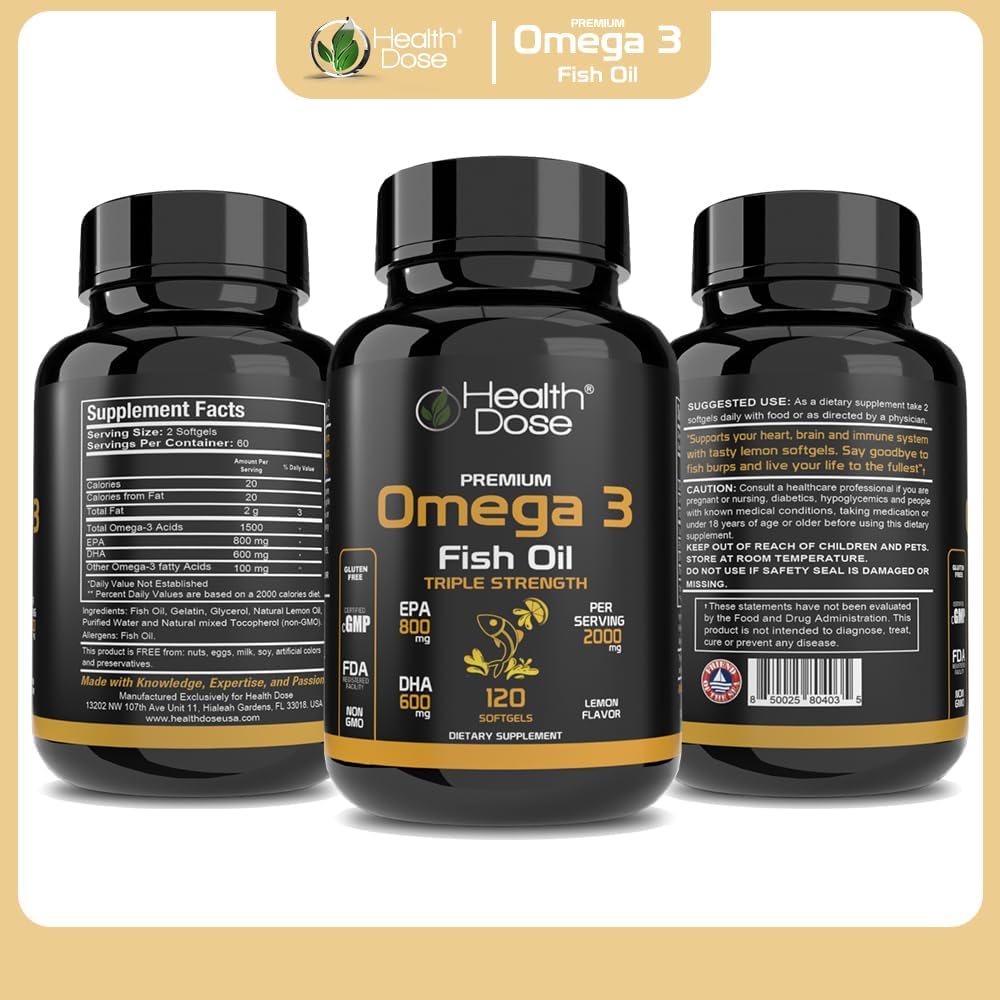 Omega 3 Fish Oil Softgels with EPA & DHA for Brain, Heart, and Wellness Support - Lemon Flavor, Easy-to-Digest - 120 Softgels, 2-Month Supply