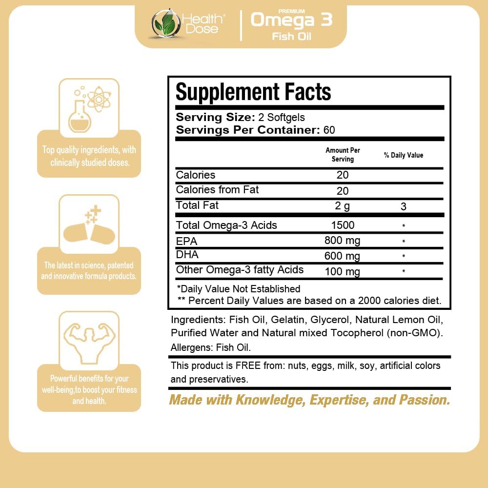 Omega 3 Fish Oil Softgels with EPA & DHA for Brain, Heart, and Wellness Support - Lemon Flavor, Easy-to-Digest - 120 Softgels, 2-Month Supply