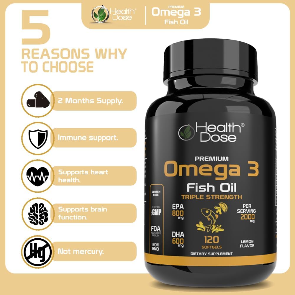 Omega 3 Fish Oil Softgels with EPA & DHA for Brain, Heart, and Wellness Support - Lemon Flavor, Easy-to-Digest - 120 Softgels, 2-Month Supply