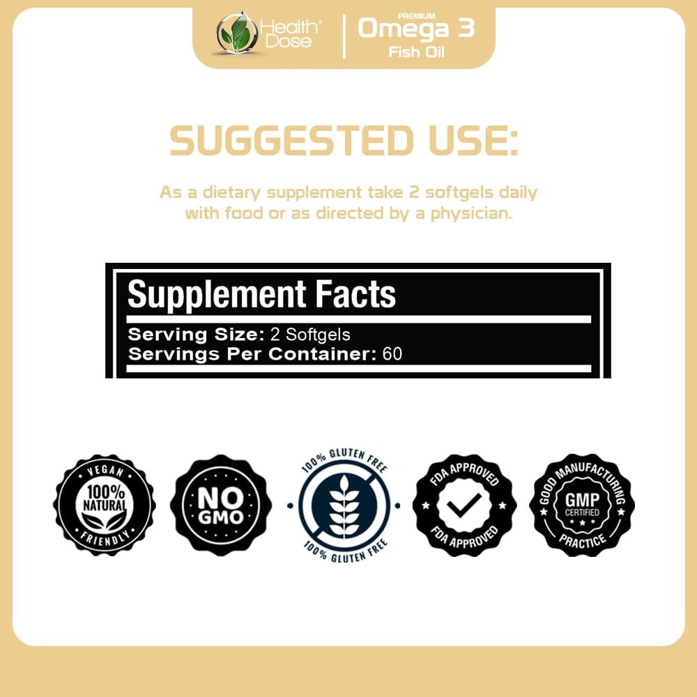 Omega 3 Fish Oil Softgels with EPA & DHA for Brain, Heart, and Wellness Support - Lemon Flavor, Easy-to-Digest - 120 Softgels, 2-Month Supply