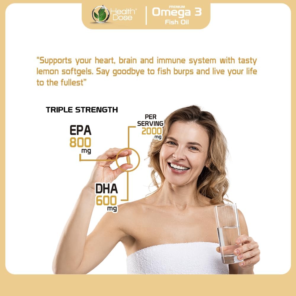 Omega 3 Fish Oil Softgels with EPA & DHA for Brain, Heart, and Wellness Support - Lemon Flavor, Easy-to-Digest - 120 Softgels, 2-Month Supply