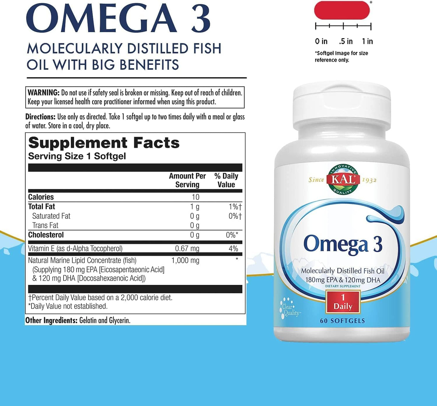 Omega 3 Fish Oil Supplement, 1000 mg, 60 Count x 2 Packs - KAL 180/120 Formula