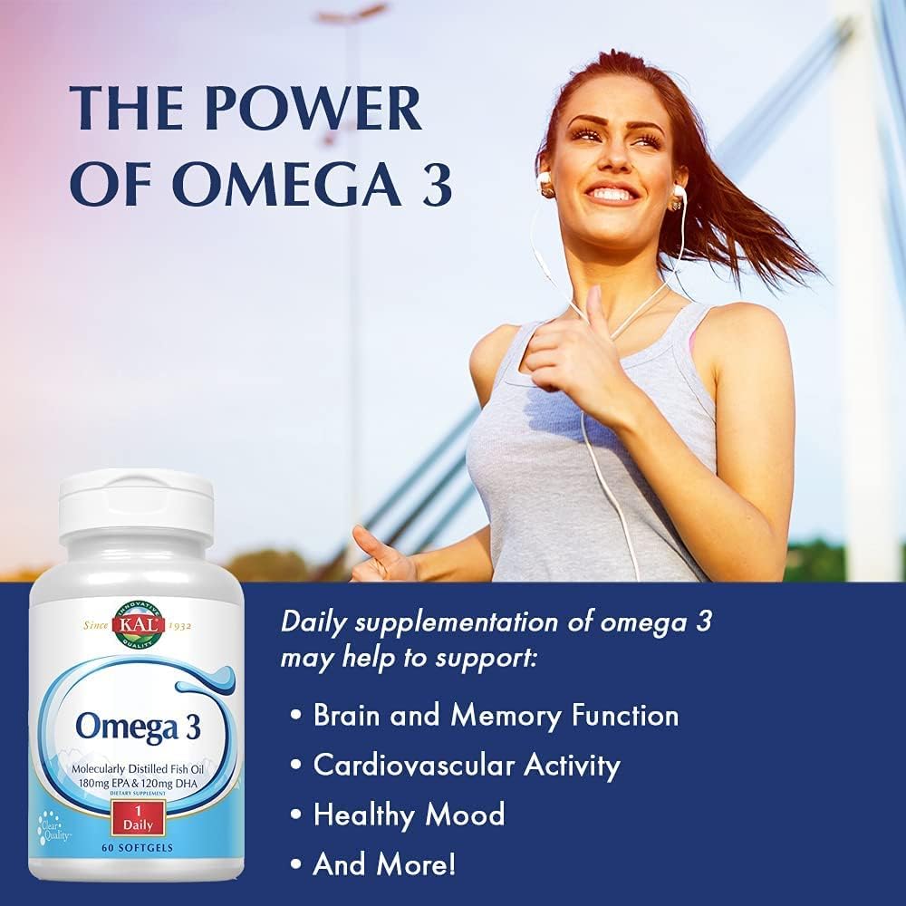 Omega 3 Fish Oil Supplement, 1000 mg, 60 Count x 2 Packs - KAL 180/120 Formula