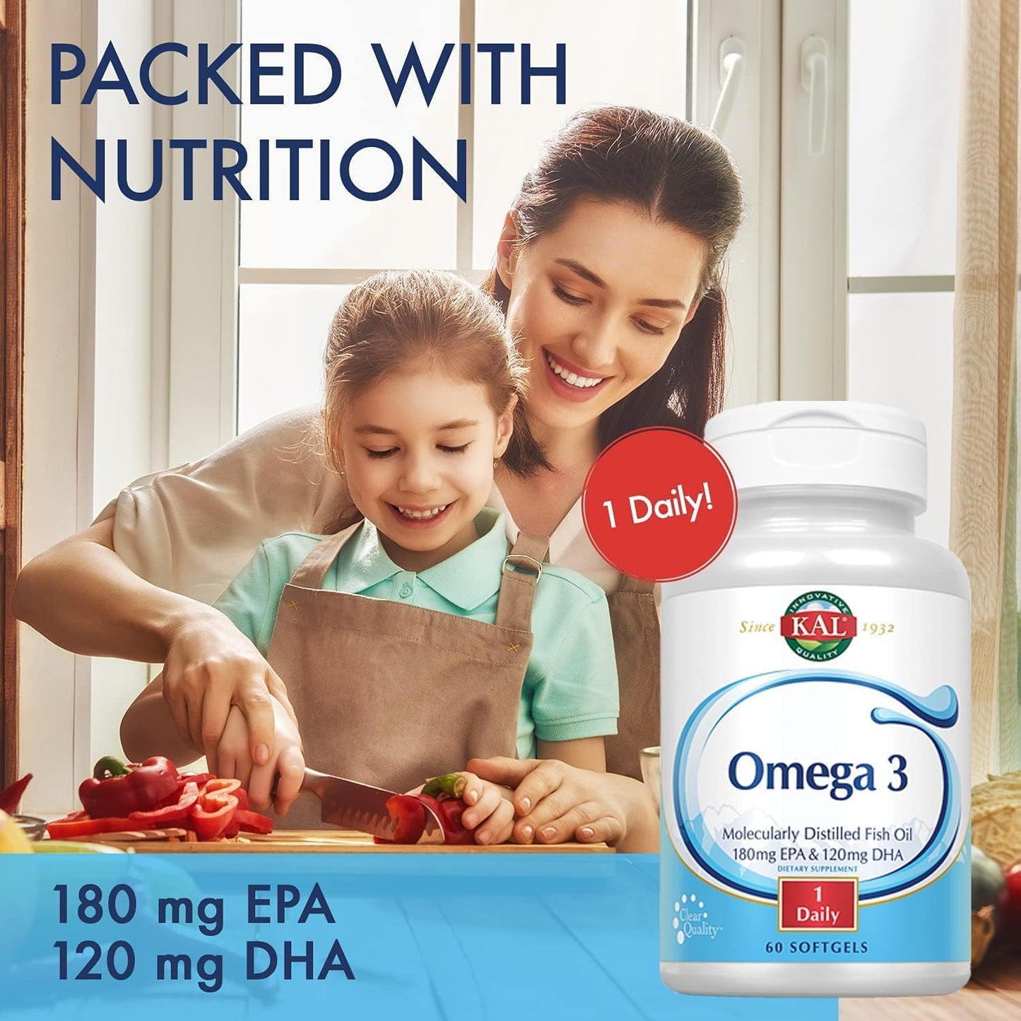 Omega 3 Fish Oil Supplement, 1000 mg, 60 Count x 2 Packs - KAL 180/120 Formula