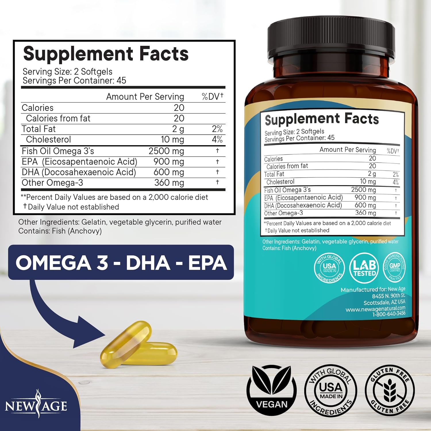 Omega 3 Fish Oil Supplement 2500mg - Non GMO, High EPA and DHA Fatty Acids - Gluten Free (360 Softgels)