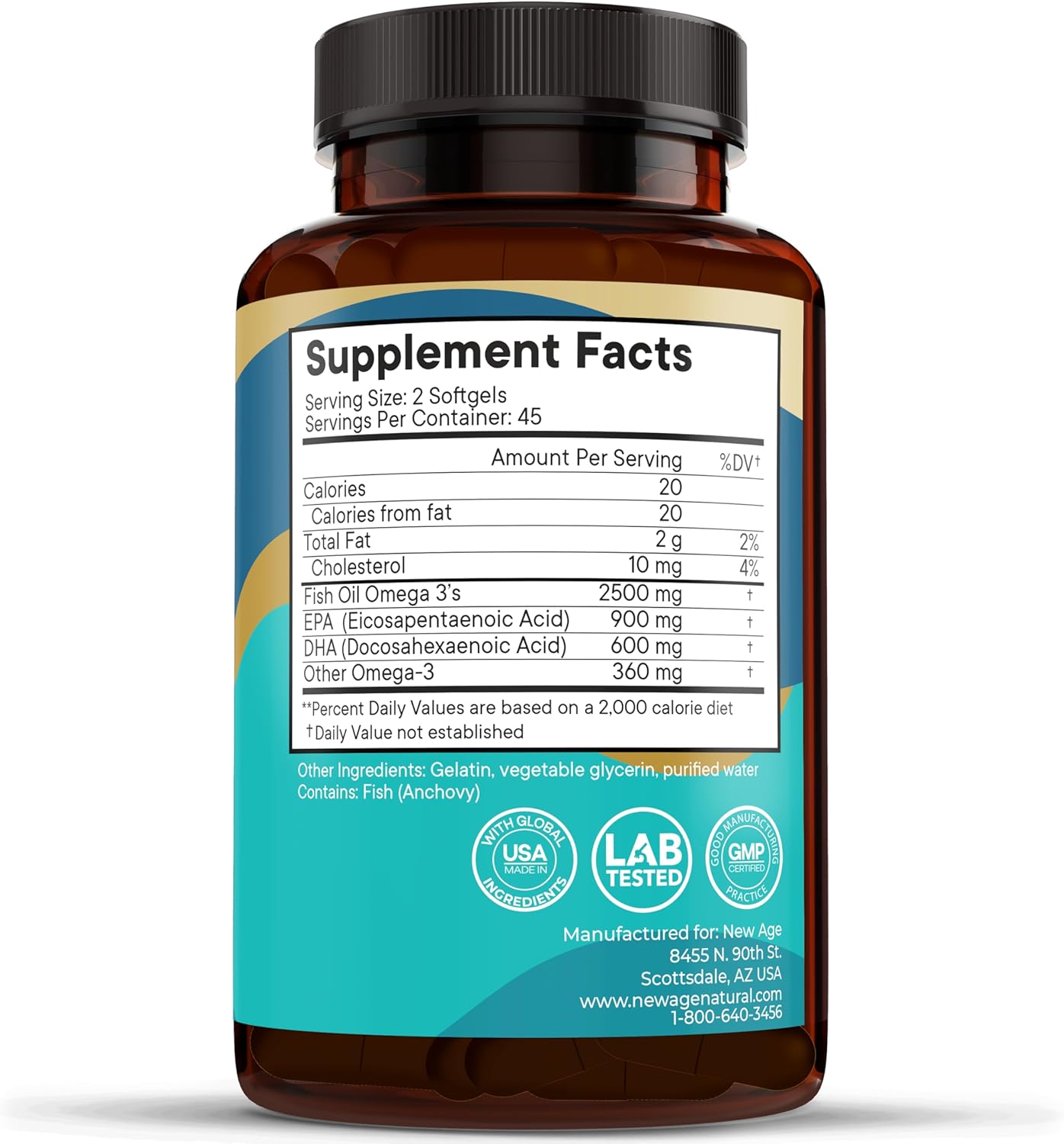 Omega 3 Fish Oil Supplement 2500mg - Non GMO, High EPA and DHA Fatty Acids - Gluten Free (360 Softgels)