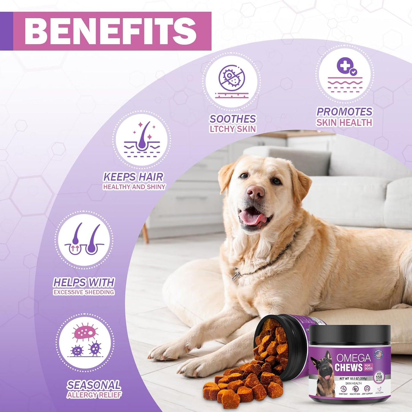 Omega 3 Fish Oil Supplement Chews for Dogs | Skin, Coat, and Allergy Care | 300 Pieces Omega-3 Fatty Acids for Pet Hair Growth and Dry Skin Relief