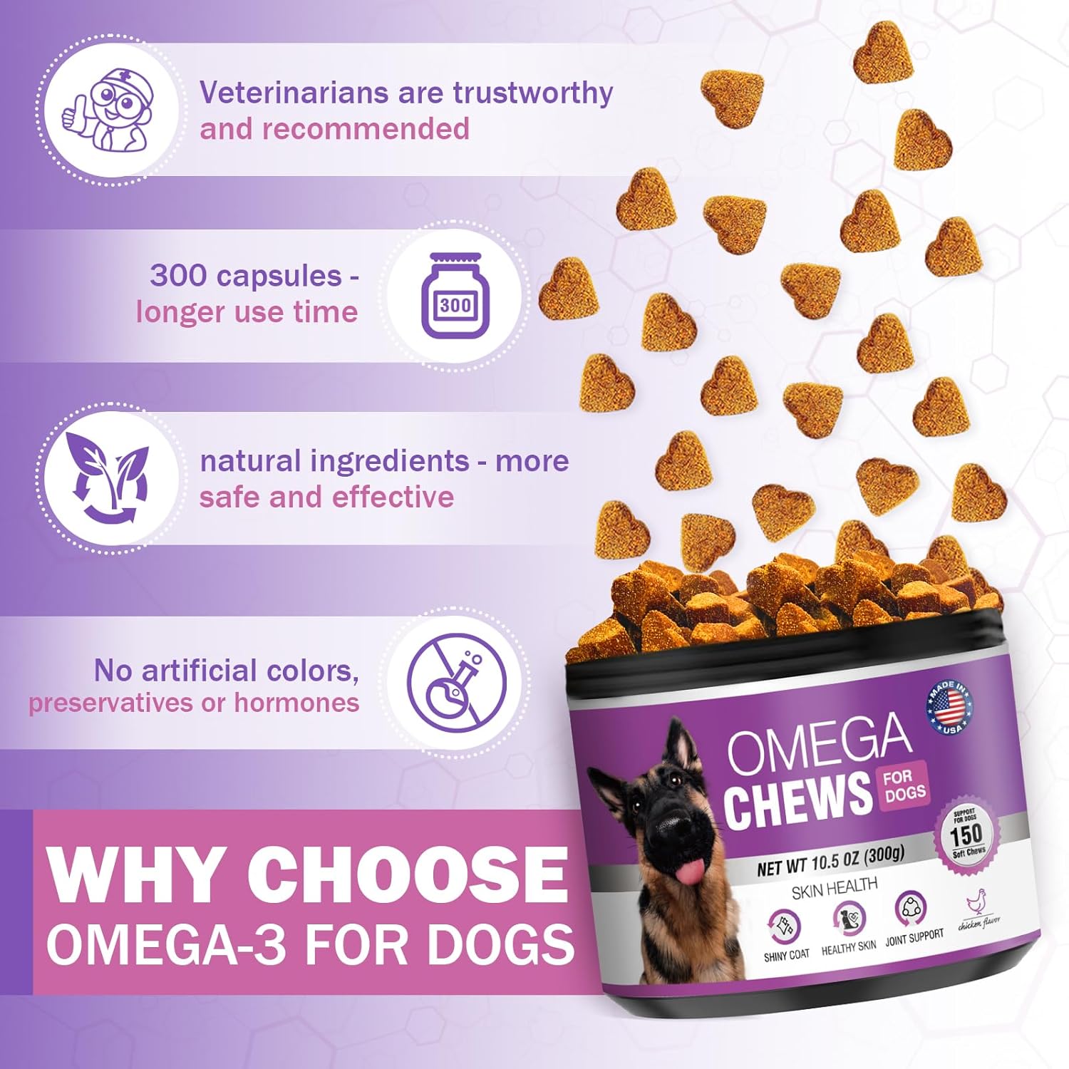 Omega 3 Fish Oil Supplement Chews for Dogs | Skin, Coat, and Allergy Care | 300 Pieces Omega-3 Fatty Acids for Pet Hair Growth and Dry Skin Relief