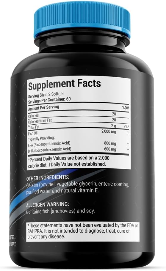 Omega 3 Fish Oil Supplement for Brain, Joints, Skin & Nails - 120 SoftGels for Men and Women - High Strength Formula