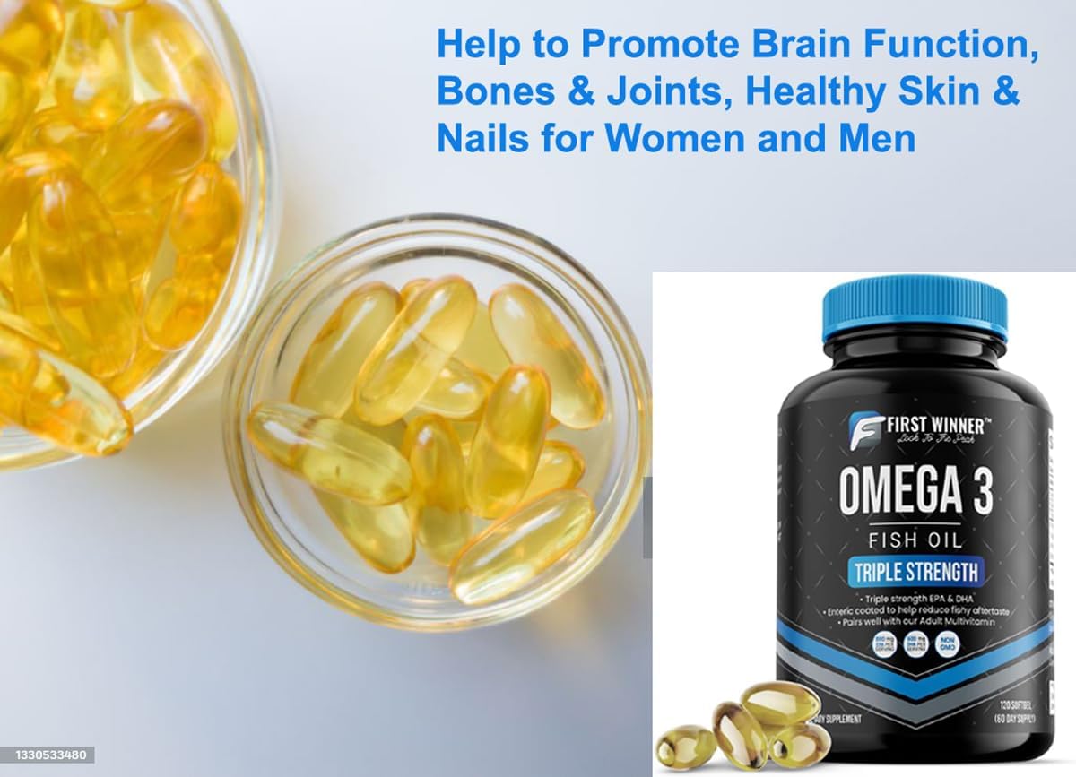 Omega 3 Fish Oil Supplement for Brain, Joints, Skin & Nails - 120 SoftGels for Men and Women - High Strength Formula