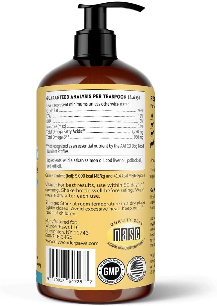 Omega 3 Fish Oil Supplement for Dogs - Alaskan Salmon, Cod, and Krill Oil - Promotes Healthy Skin, Joints, and Immune System - 32 oz Liquid Formula