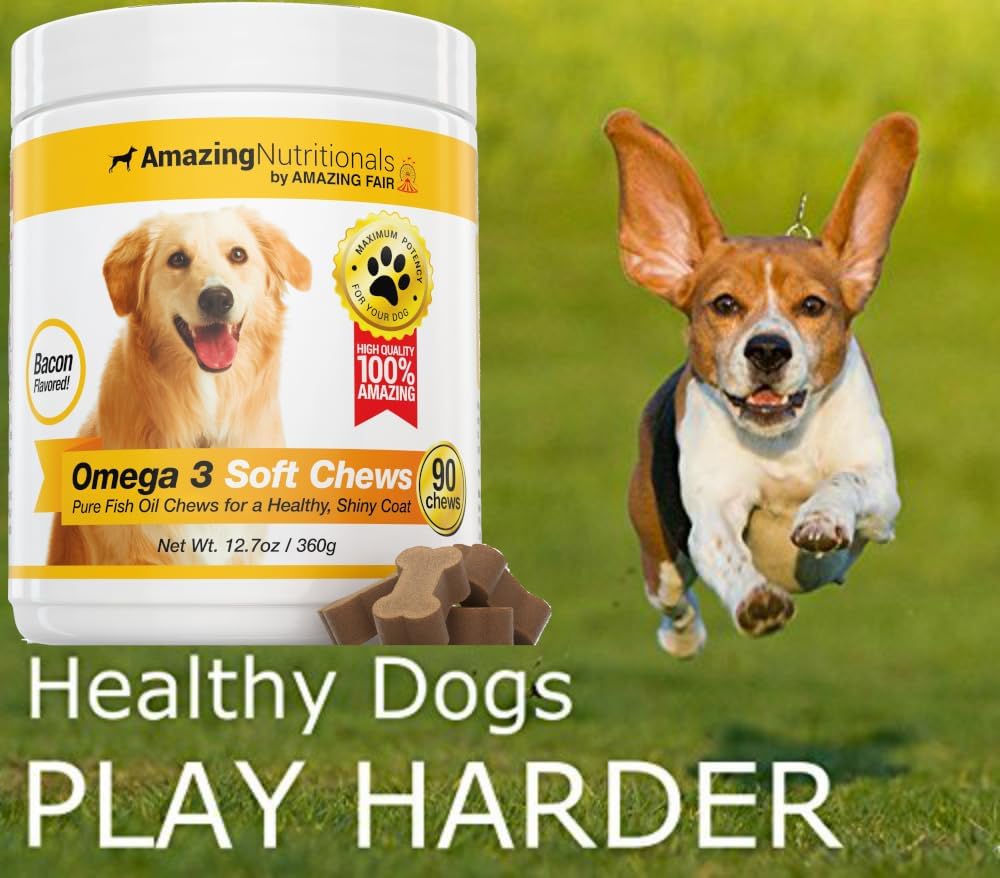 Omega 3 Fish Oil Supplement for Dogs - Bacon Soft Chews for Itchy Skin Relief, Dry Skin, Hot Spots & Shedding Coat - EPA & DHA Fatty Acids - 90 Chews