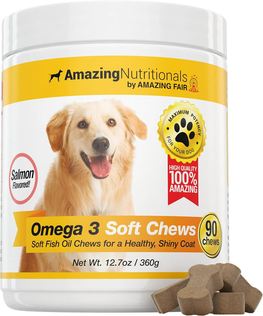 Omega 3 Fish Oil Supplement for Dogs - Itchy Skin Relief & Coat Health - 90 Salmon Soft Chews with EPA and DHA Fatty Acids by Amazing Nutritionals