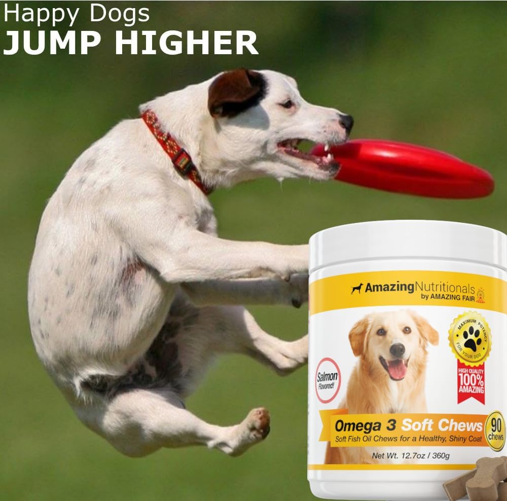 Omega 3 Fish Oil Supplement for Dogs - Itchy Skin Relief & Coat Health - 90 Salmon Soft Chews with EPA and DHA Fatty Acids by Amazing Nutritionals