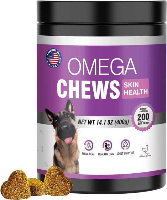 Omega 3 Fish Oil Supplement for Dogs - Skin & Coat Health, Allergy Relief, Shedding Reduction - EPA & DHA Fatty Acids - Salmon Oil - 200 Ct