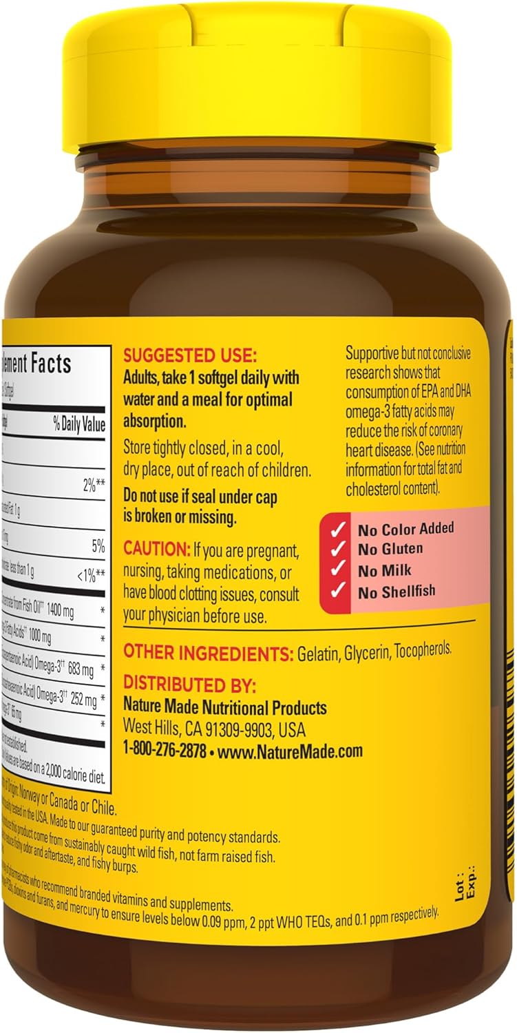 Omega 3 Fish Oil Supplement for Heart, Brain, and Eye Health - 1400 mg, 45 Softgels, Burp Less Formula