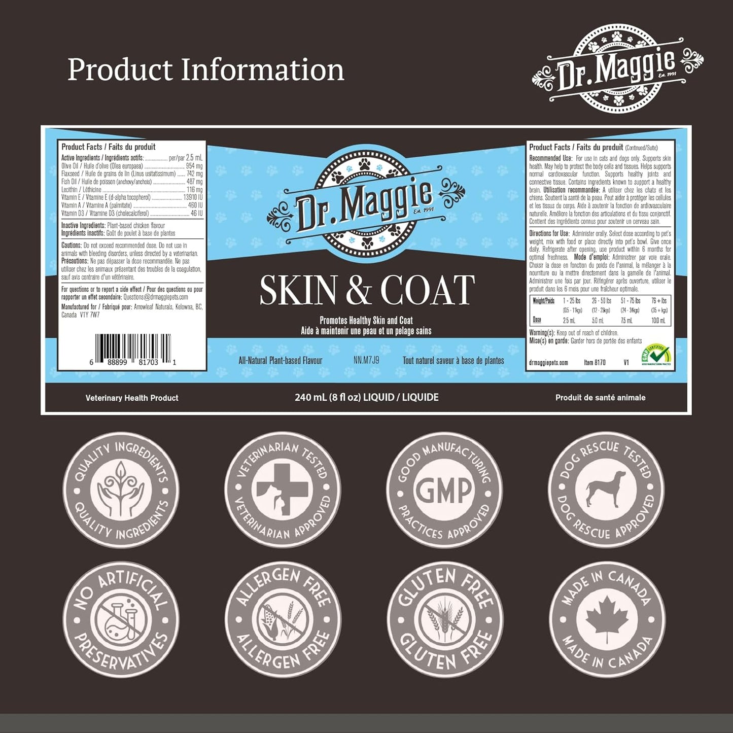 Omega 3 Fish Oil Supplement for Skin and Coat Health | Dr. Maggie | 240 ml