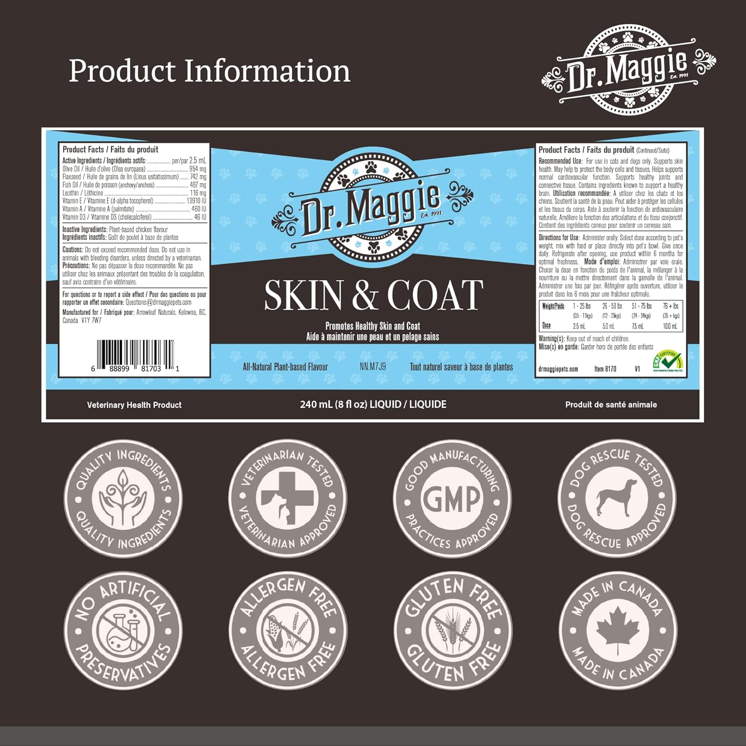 Omega 3 Fish Oil Supplement for Skin and Coat Health | Dr. Maggie | 240 ml