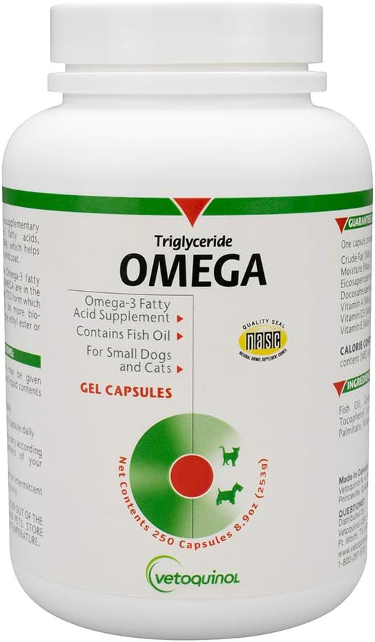 Omega 3 Fish Oil Supplement for Small Dogs and Cats up to 30lbs - 250ct Bottle, Promotes Skin, Coat, Joint, and Immune Health, Fish Oil with EPA and DHA by Vetoquinol