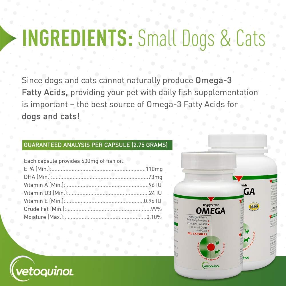Omega 3 Fish Oil Supplement for Small Dogs and Cats up to 30lbs - 250ct Bottle, Promotes Skin, Coat, Joint, and Immune Health, Fish Oil with EPA and DHA by Vetoquinol